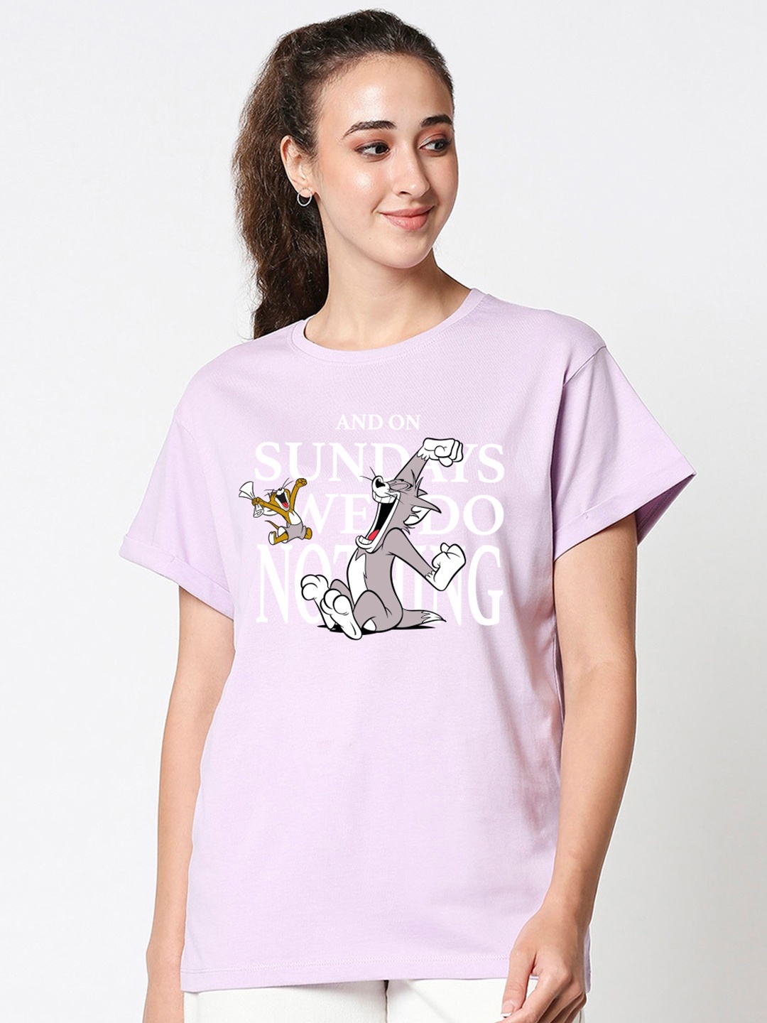 

Bewakoof Women Purple & pale purple Typography Printed Extended Sleeves T-shirt