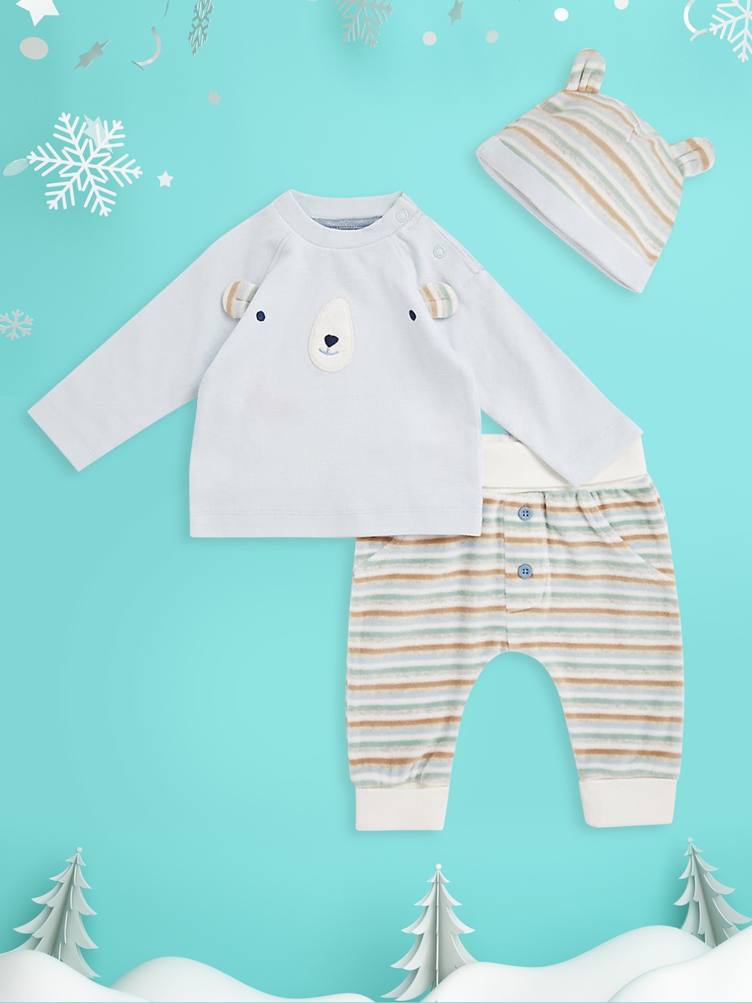 

mothercare Infant Boys Blue Solid T-shirt with Striped Joggers & Beanie