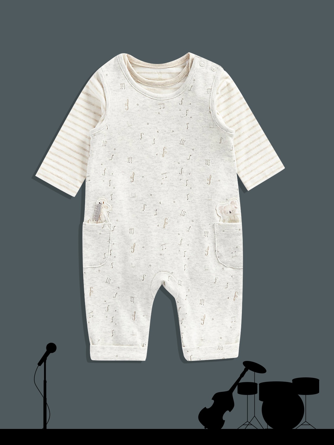 

mothercare Infant Beige Striped Organic Cotton Bodysuit with Grey Melange Romper