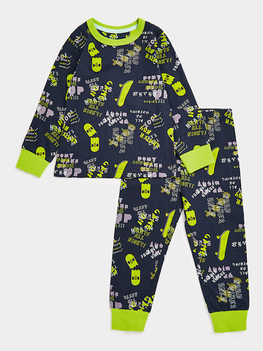 

mothercare Boys Navy Blue & Fluorescent Green Printed Pure Cotton T-shirt & Joggers