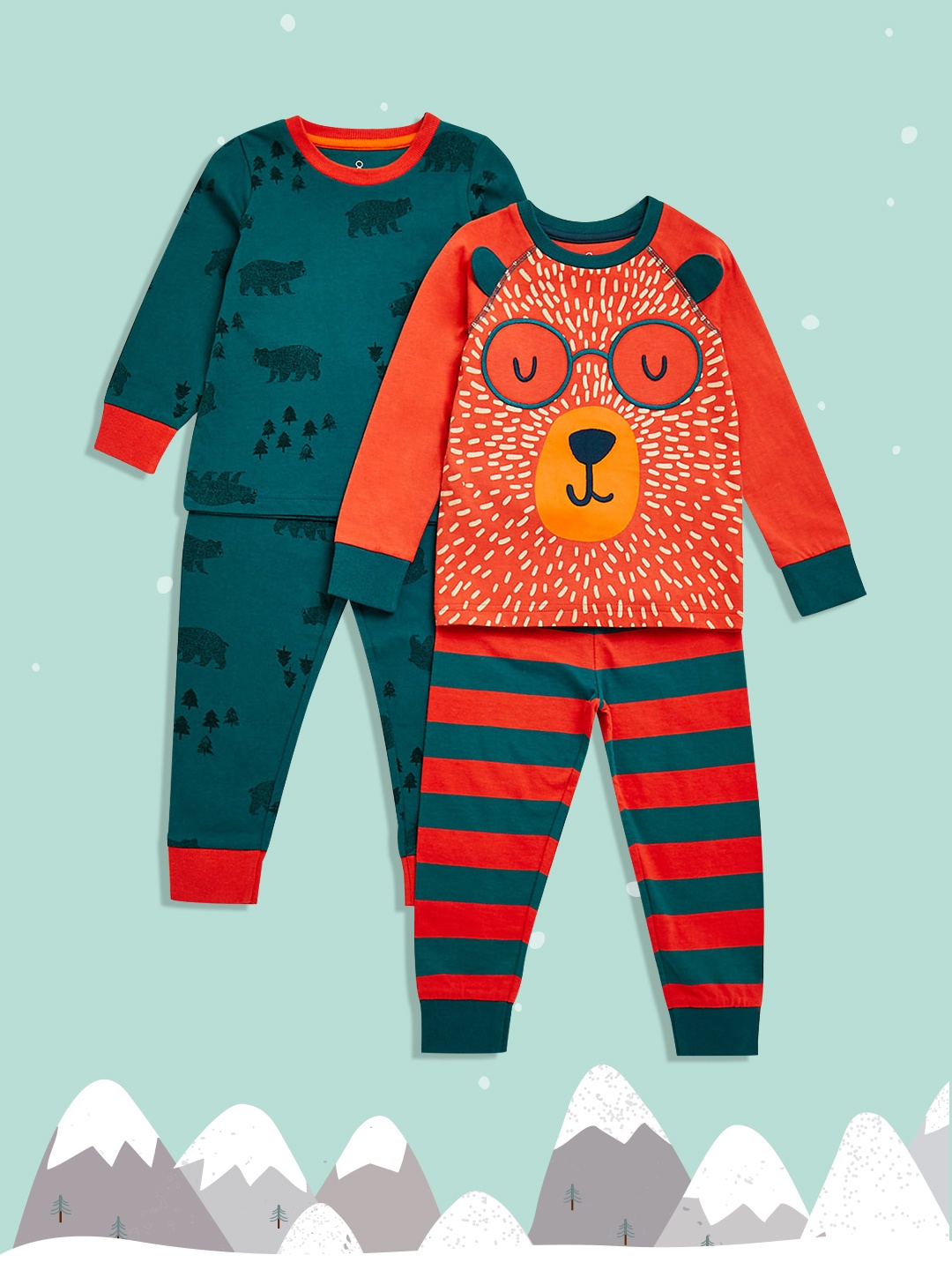 

mothercare Boys Teal Green & Orange Pack Of 2 Animal Print Pure Cotton T-shirts & Joggers