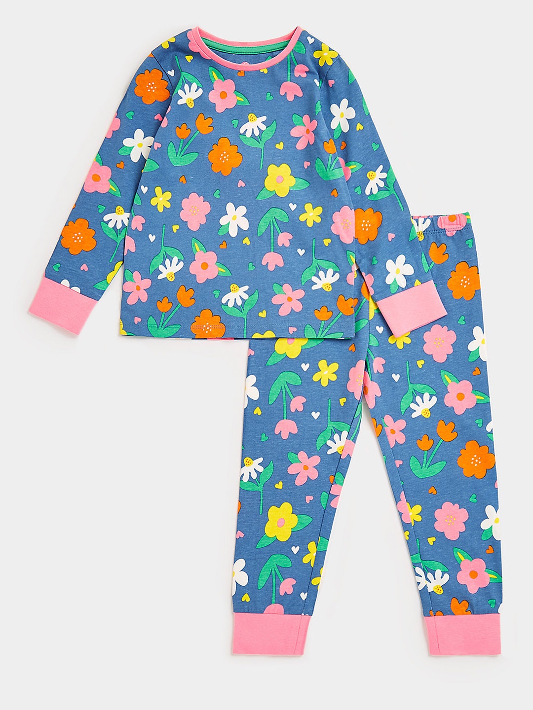 

mothercare Girls Blue Floral Print Pure Cotton T-shirt with Joggers
