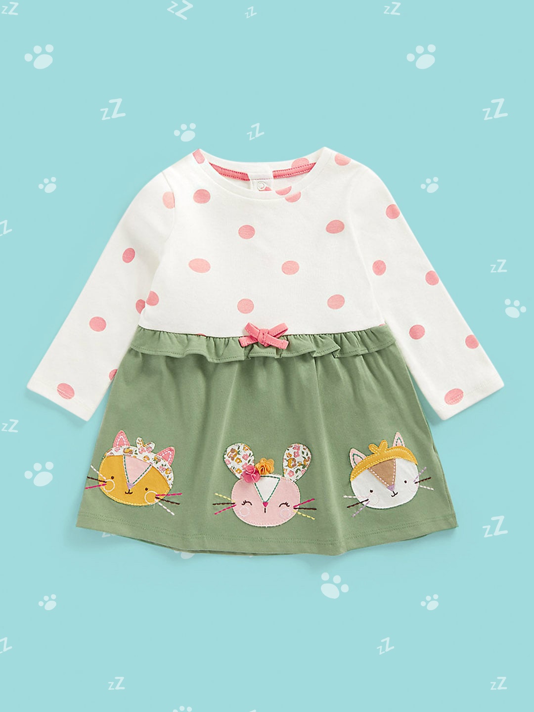 

mothercare Off White & Green Polka Dots Print Applique Pure Cotton Fit and Flare Dress