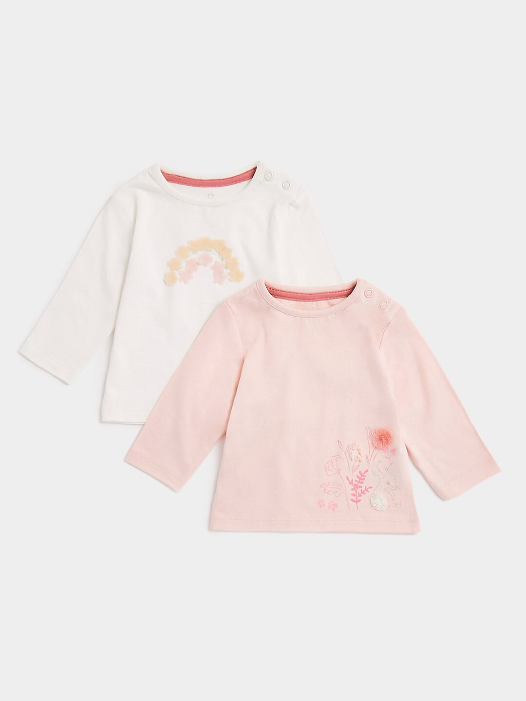 

mothercare Infant Girls White & Pink Pack of 2 Floral Printed Pure Cotton T-shirts