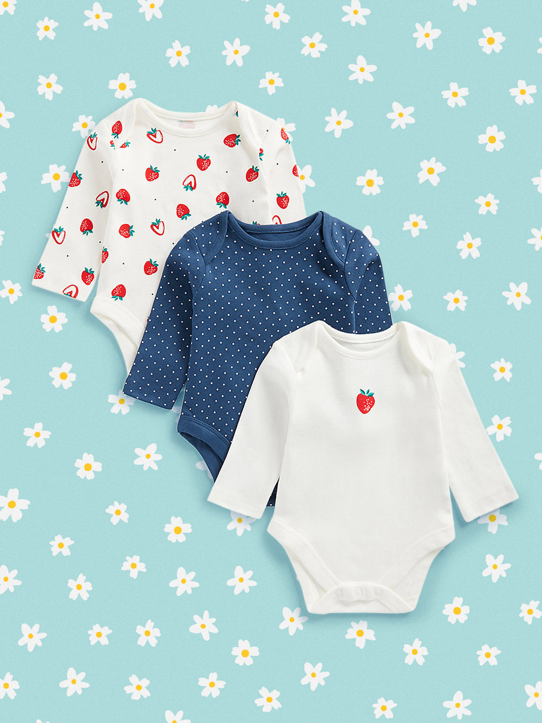 

mothercare Girls White & Navy Blue Pack Of 3 Printed & Solid Pure Cotton Bodysuits