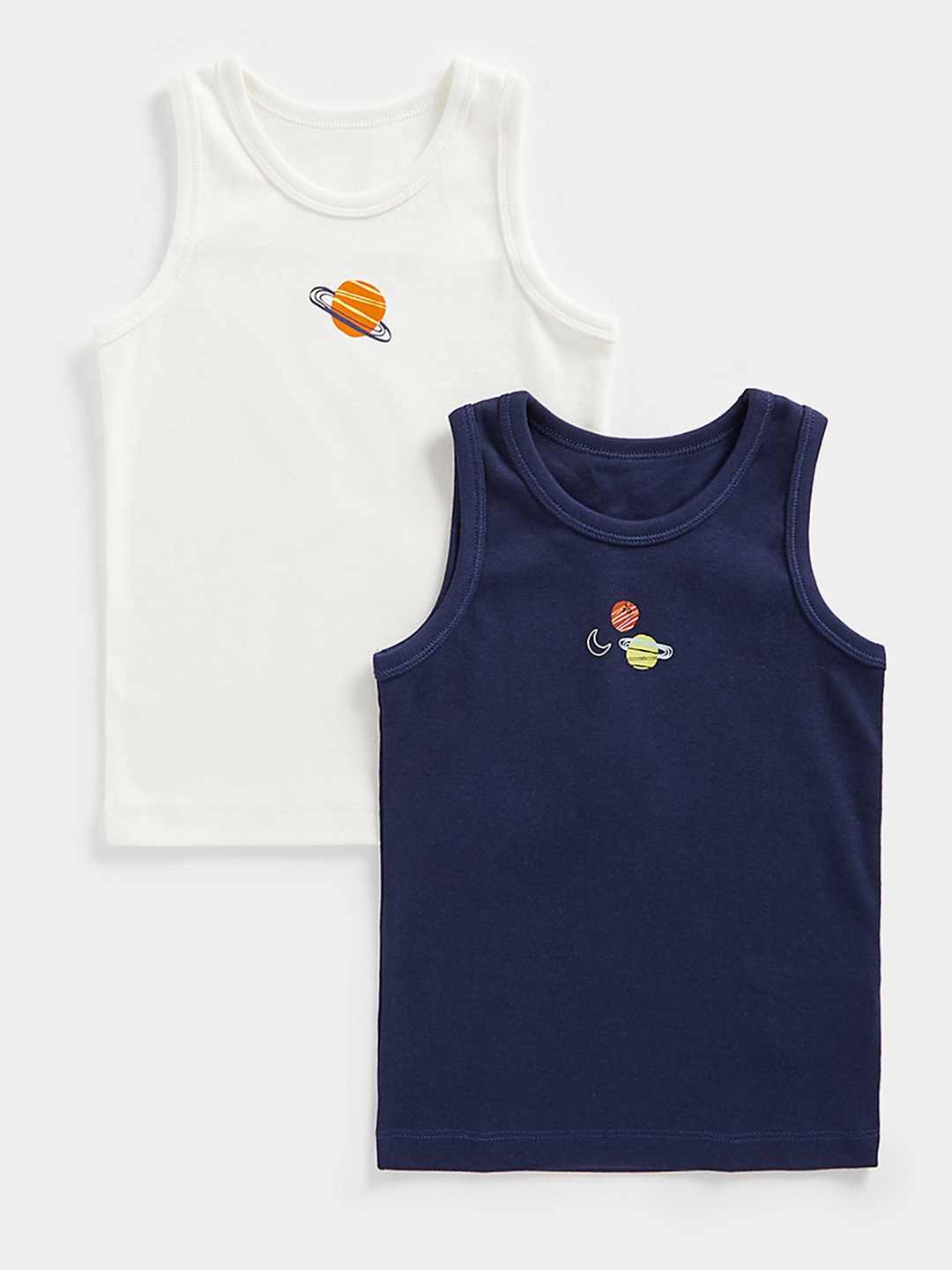 

mothercare Boys Pack of 2 White & Navy Blue Solid Pure Cotton Innerwear Vests