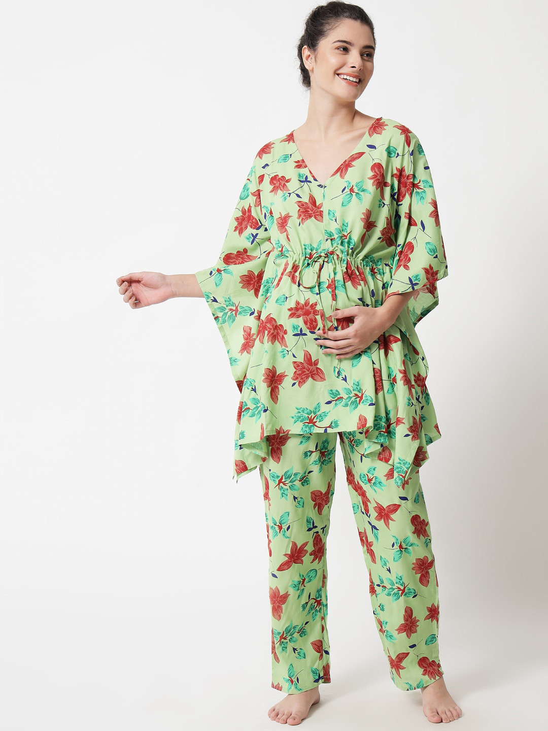 

Aujjessa Women Green & Red Printed Night suit