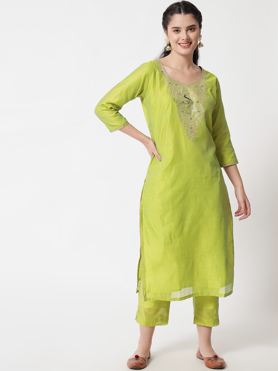 

Aujjessa Women Lime Green Thread Work Chanderi Silk Kurta with Trousers