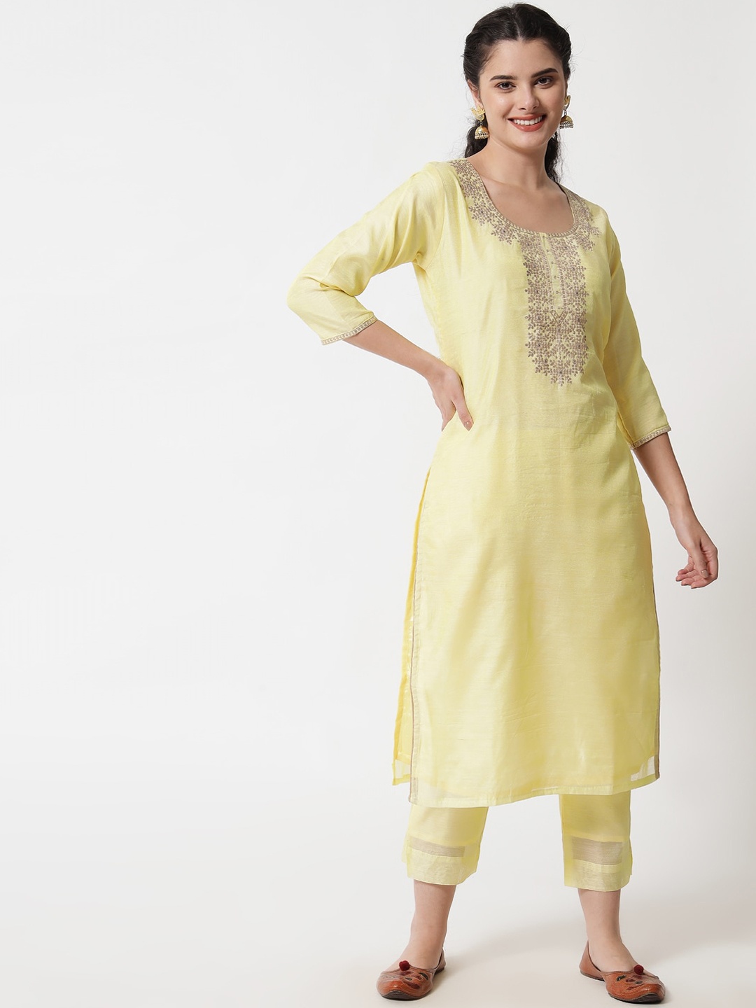

Aujjessa Women Yellow Embroidered Thread Work Chanderi Silk Kurta with Trousers