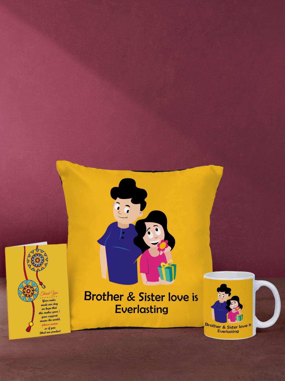 

Crazy Corner Yellow Raksha Bandhan Cushion Mug Rakhi Card Gift Set
