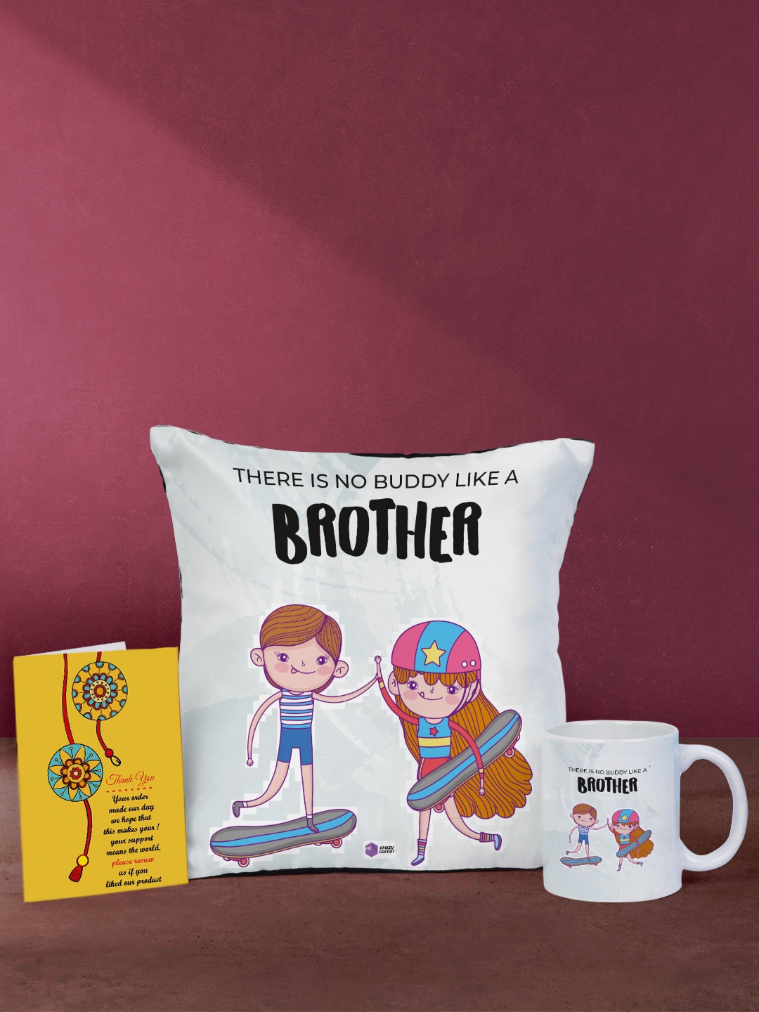 

Crazy Corner White & Black Printed Cushion Mug Card Rakhi Home Gift Set, Off white