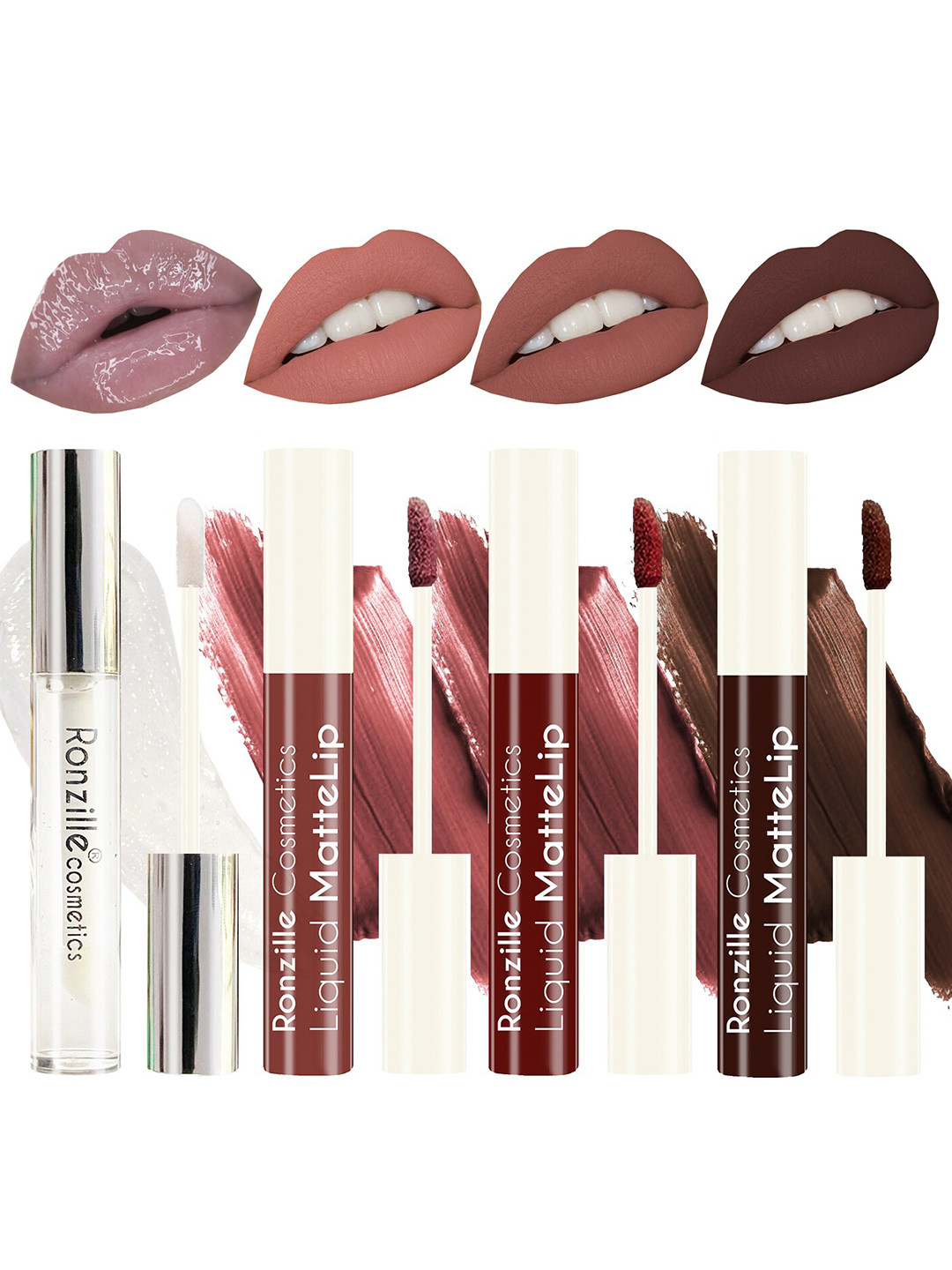 

Ronzille Set of 4 Non Transfer Liquid Matte Lipstick with Lip Gloss 5 ml each - Nude