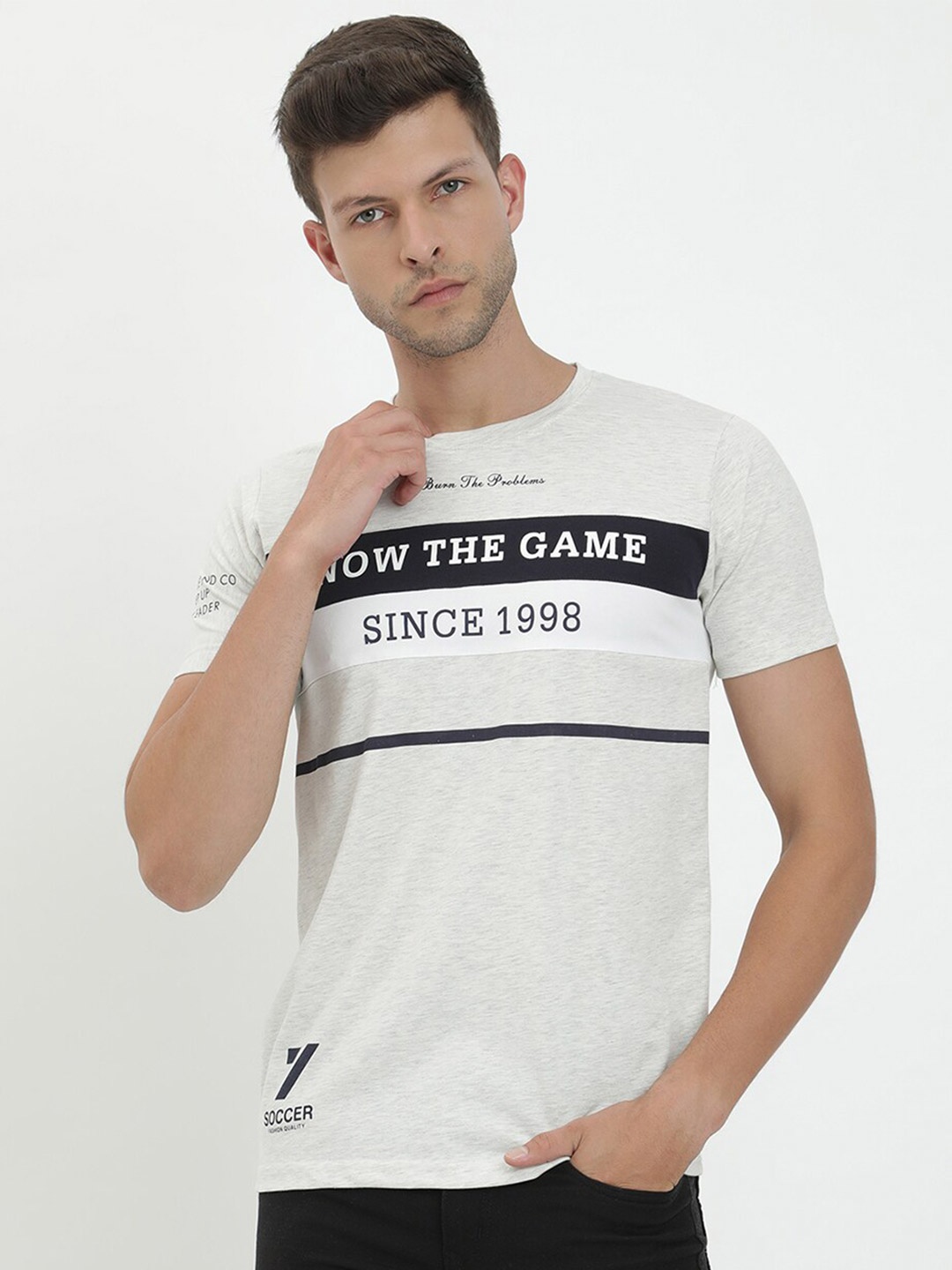 

V2 Value & Variety Men Grey Melange & blue blush Typography Printed Applique T-shirt