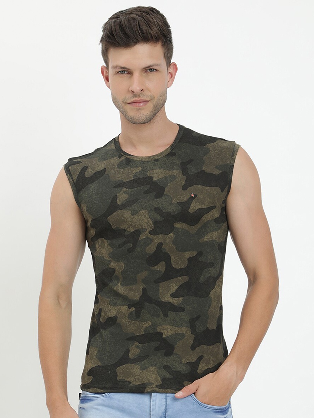 

V2 Value & Variety Men Olive Green & rosin Camouflage Printed V-Neck Pure Cotton T-shirt