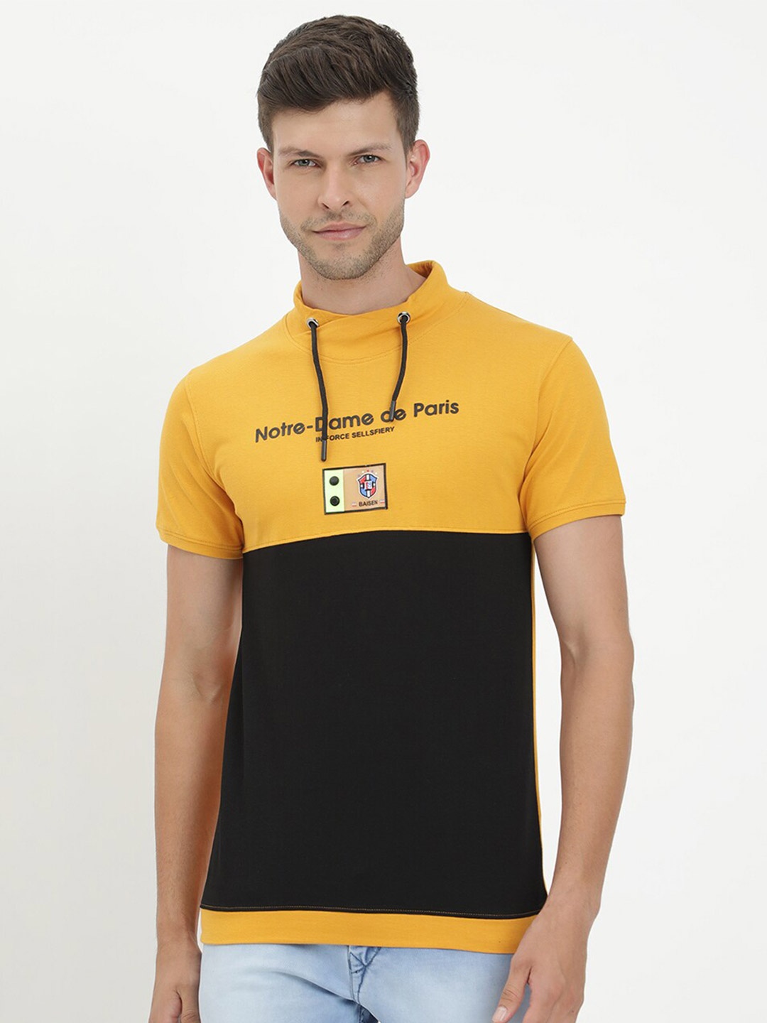 

V2 Value & Variety Men Mustard Yellow & french middle red purple Colourblocked Pure Cotton T-shirt