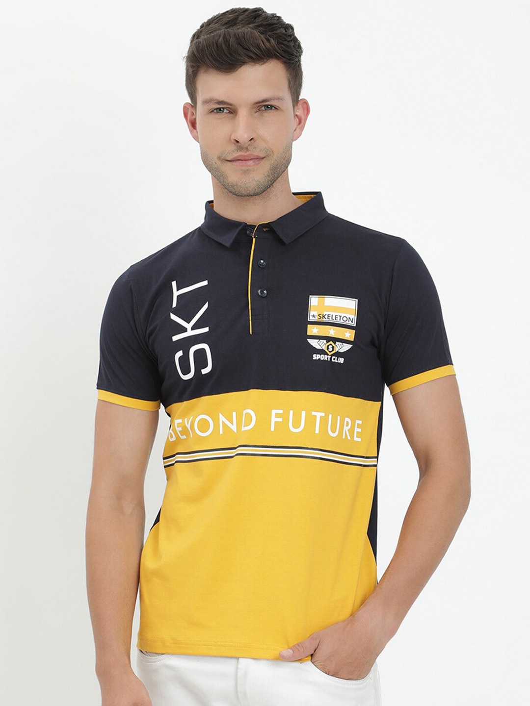 

V2 Value & Variety Men Mustard Yellow & anthracite Colourblocked Mandarin Collar Applique T-shirt