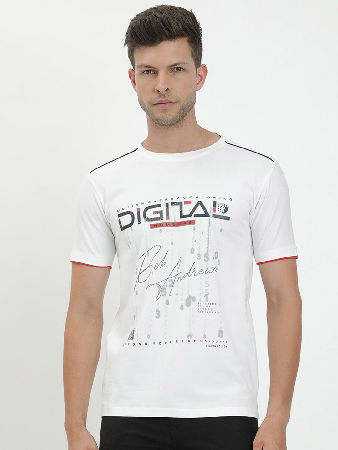 

V2 Value & Variety Men White & bit of blue Typography Printed Applique T-shirt