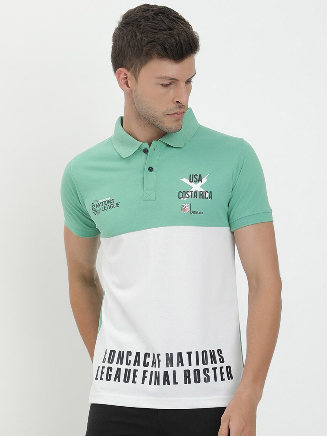 

V2 Value & Variety Men Sea Green & lily white Typography Printed Polo Collar T-shirt