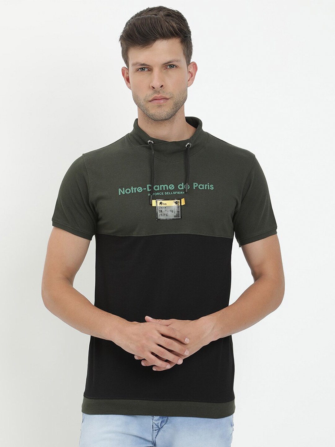 

V2 Value & Variety Men Olive Green & shale Pure Cotton Applique T-shirt