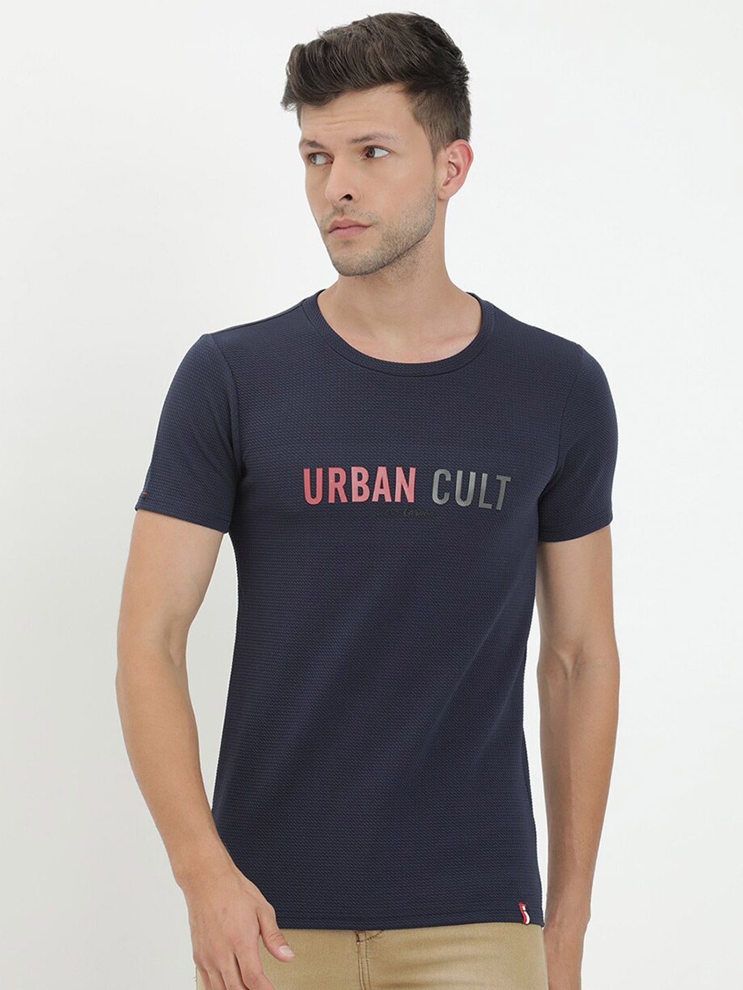 

V2 Value & Variety Men Navy Blue & gunmetal Typography T-shirt