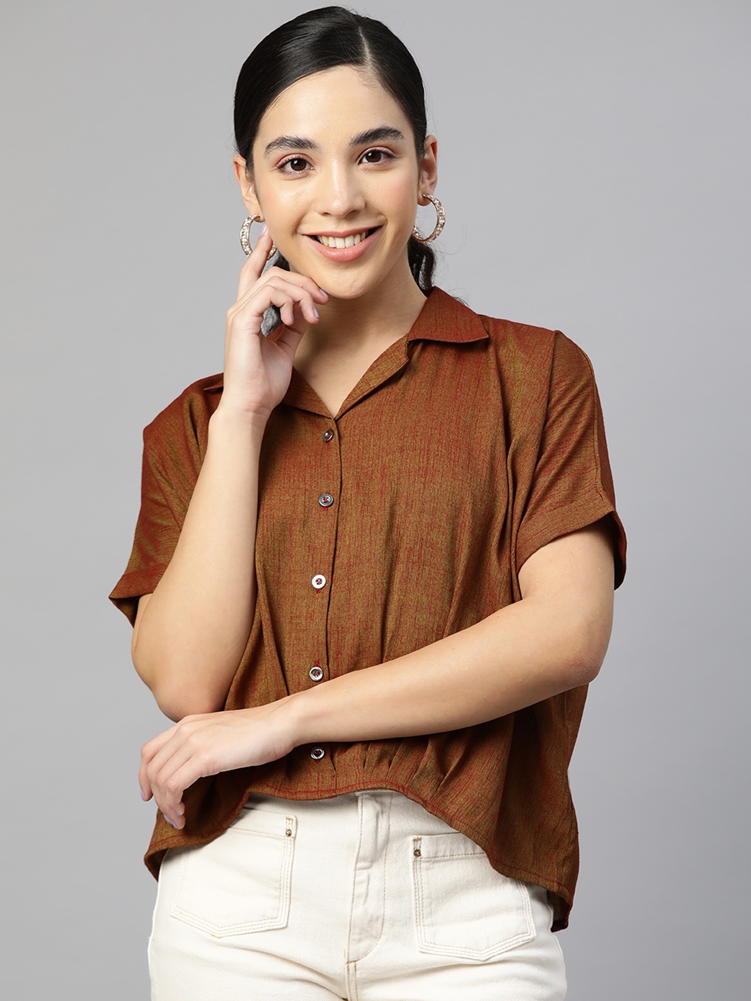 

Cottinfab Brown Extended Sleeves Shirt Style Top