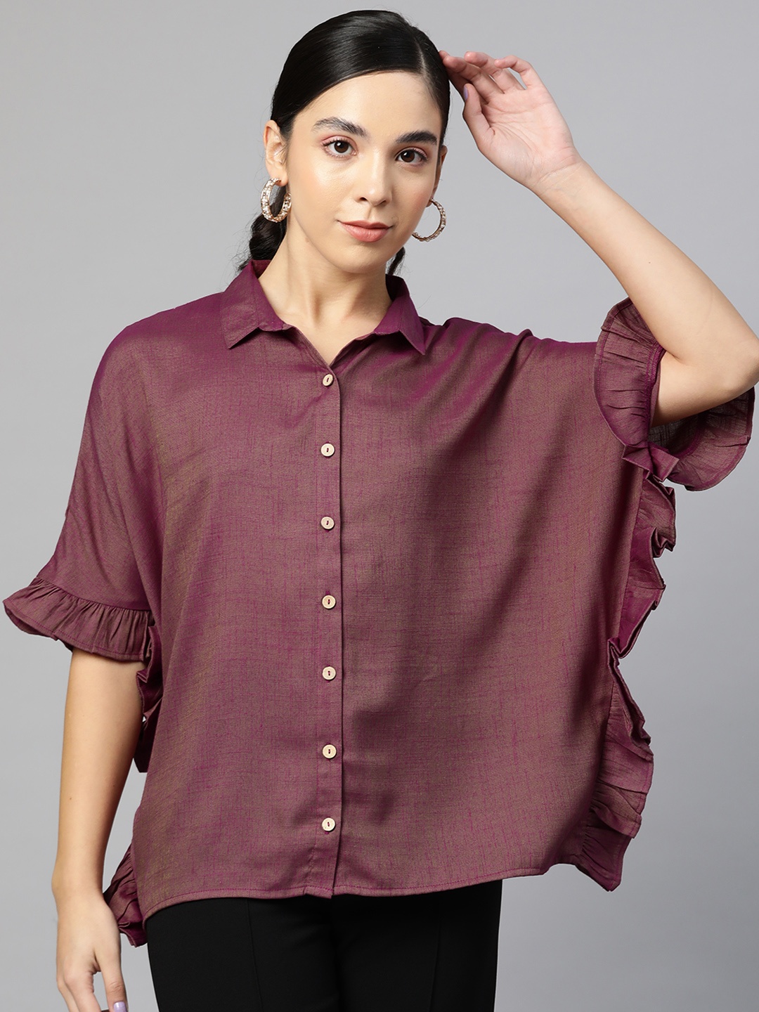 

Cottinfab Maroon Solid Ruffles Kaftan Top