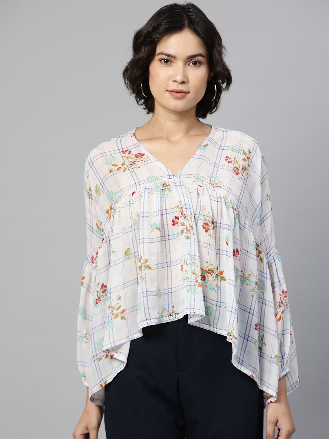 

Cottinfab Blue & Off White Floral Print High-Low Top