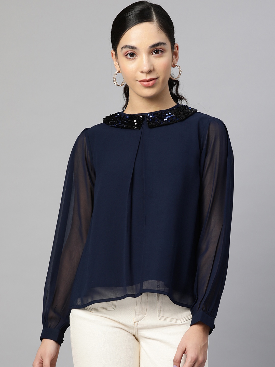 

Cottinfab Navy Blue Solid Semi-Sheer Top