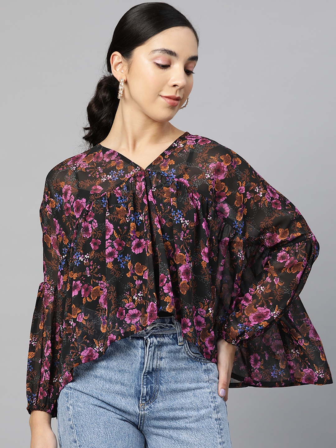 

Cottinfab Black & Pink Floral Print High-Low Top