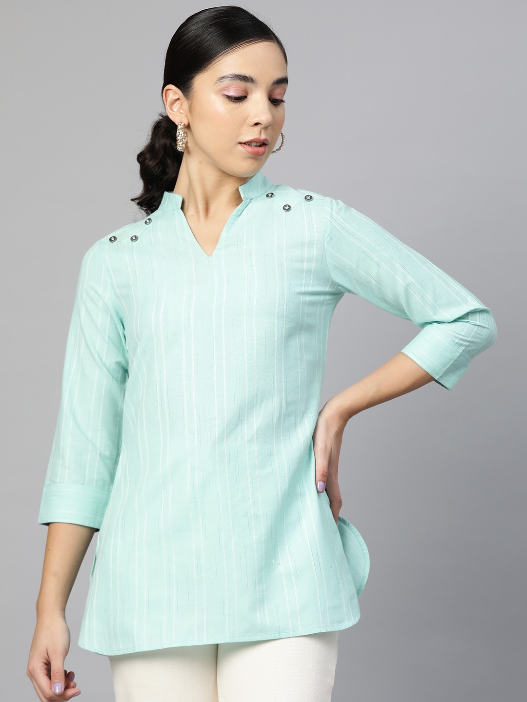 

Cottinfab Sea Green Striped Pure Cotton Kurti