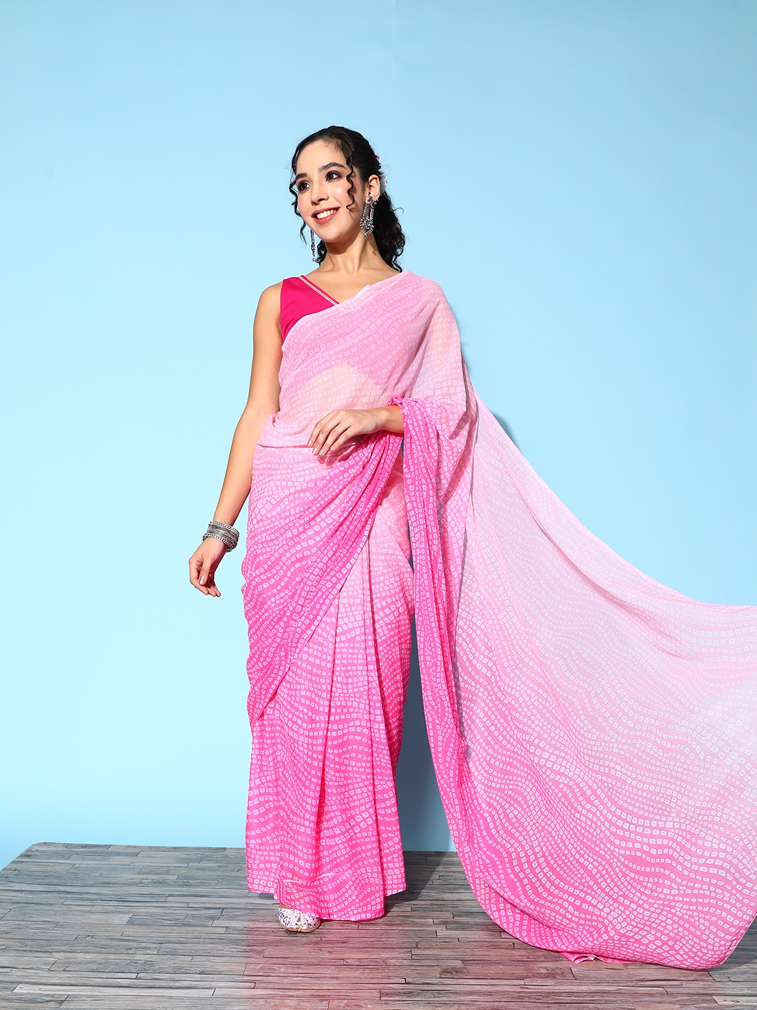 

Ahalyaa Bandhani Saree with Solid border, Pink