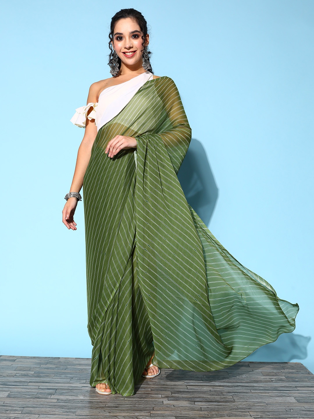 

Ahalyaa Green & White Leheriya Saree