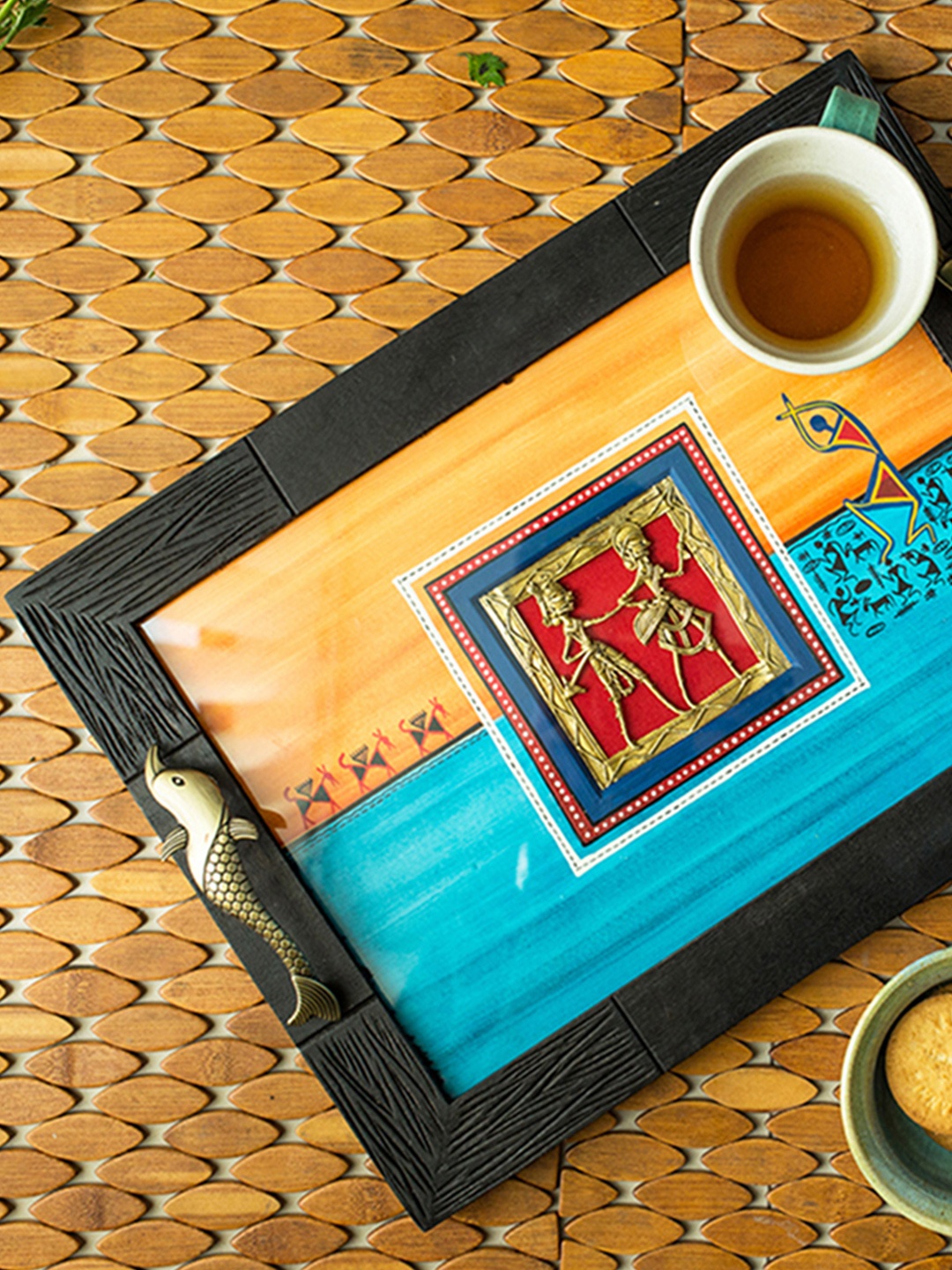 

ExclusiveLane Orange & Blue Dhokra Warli Art Hand-Painted Wooden Rectangular Tray