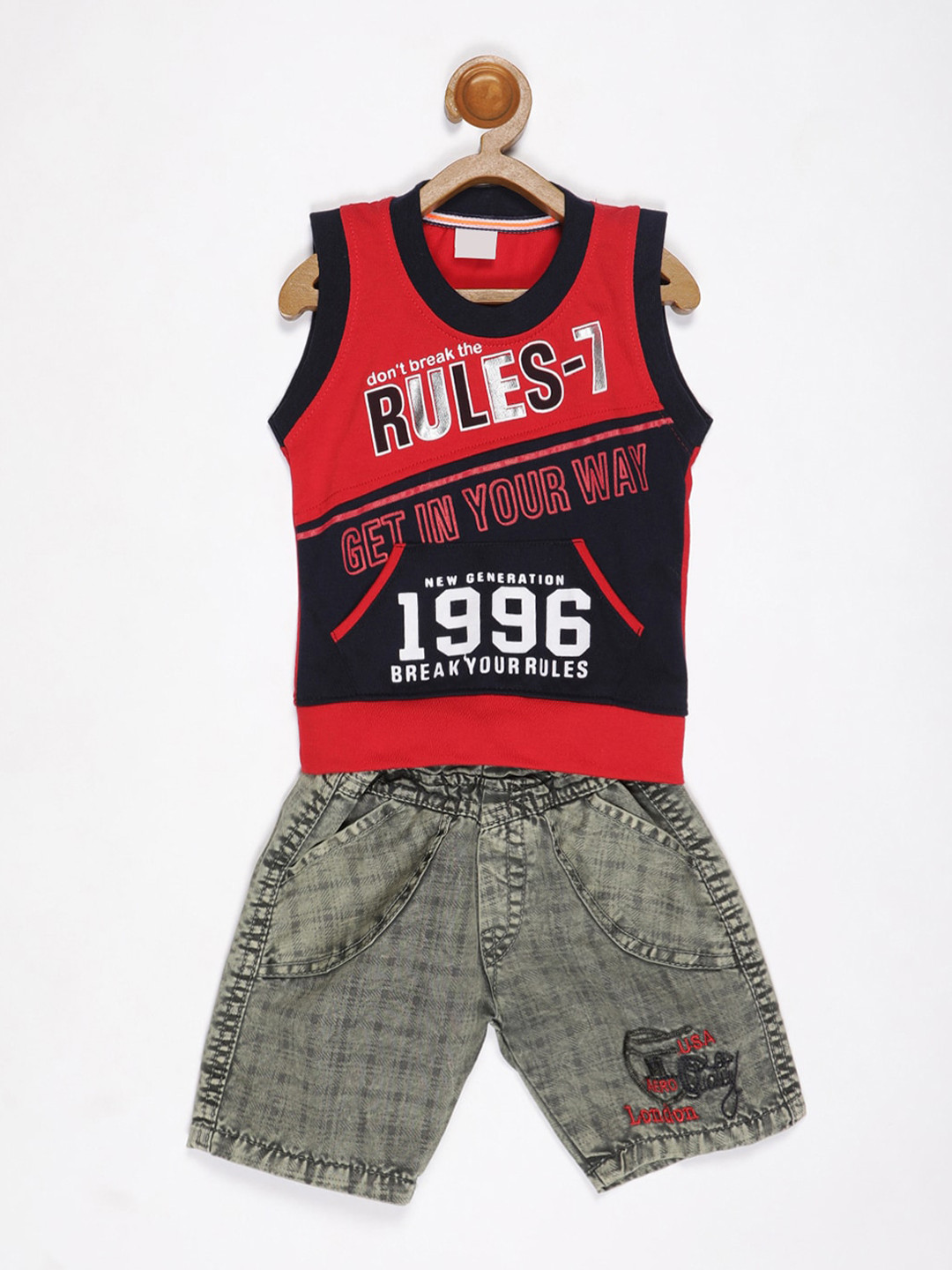

V2 Value & Variety Boys Red & Black Printed T-shirt with Shorts