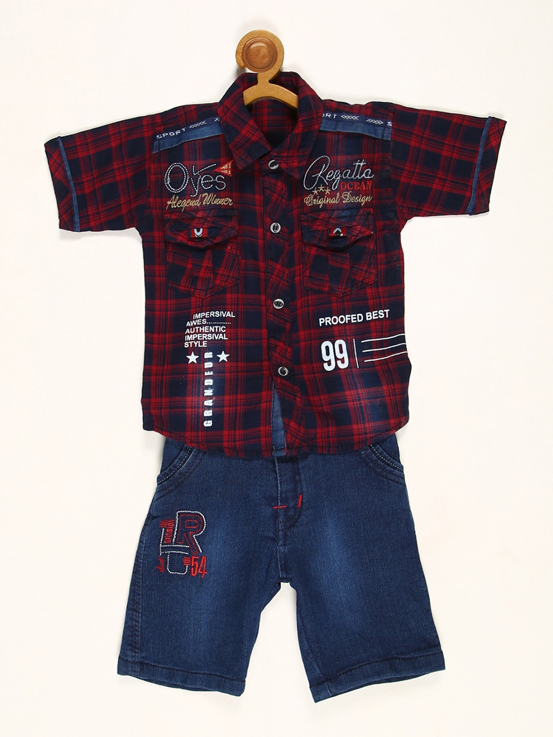 

V2 Value & Variety Boys Red & Blue Cotton Shirt with Shorts