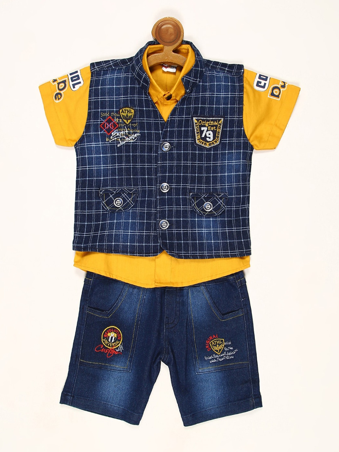 

V2 Value & Variety Boys Gold-Toned & Blue Checked Shirt with Shorts
