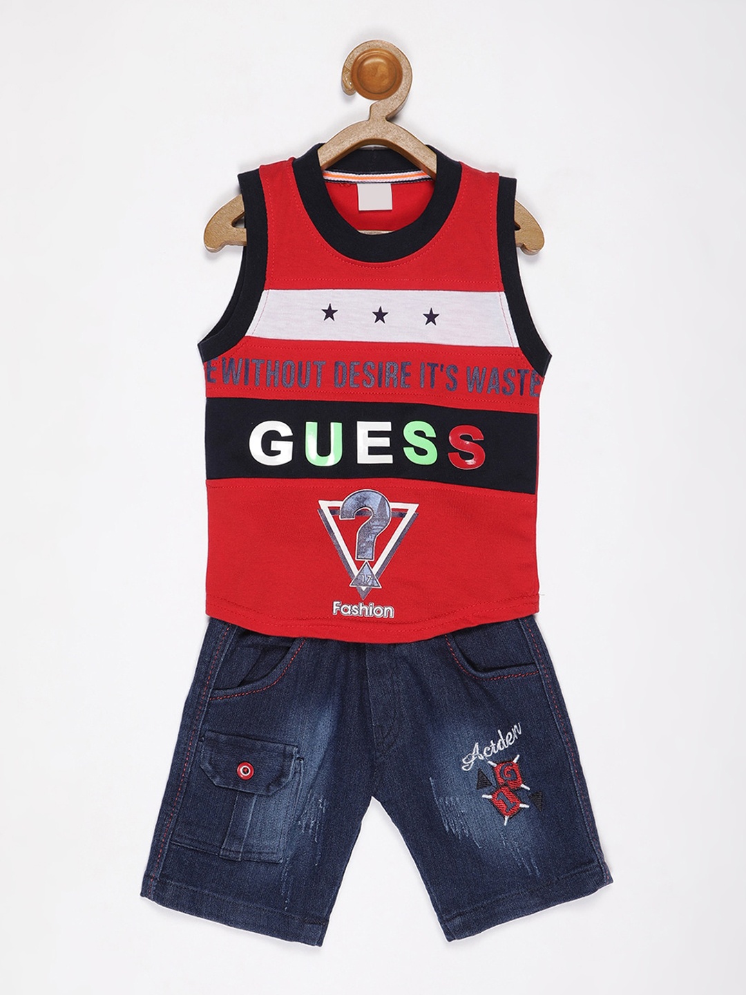 

V2 Value & Variety Boys Red & Navy Blue Printed T-shirt with Shorts