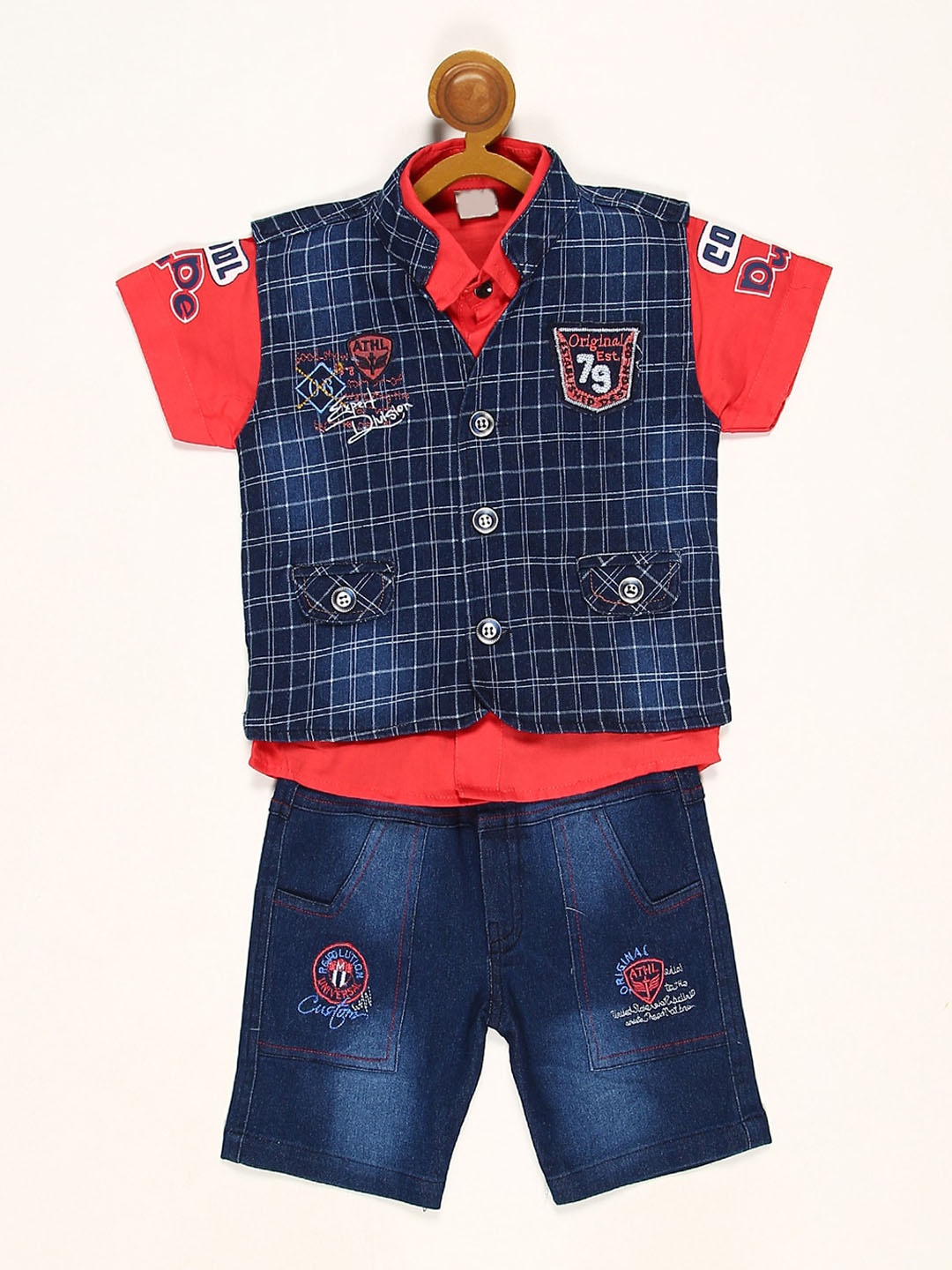 

V2 Value & Variety Boys Red & Navy Blue Printed T-shirt with Shorts