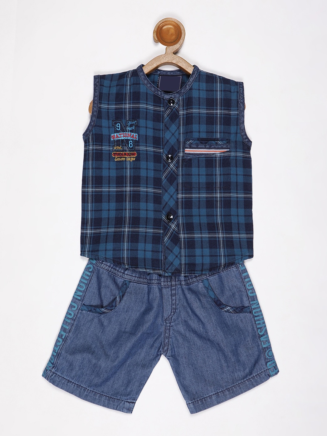 

V2 Value & Variety Boys Teal Blue & White Checked Shirt with Shorts