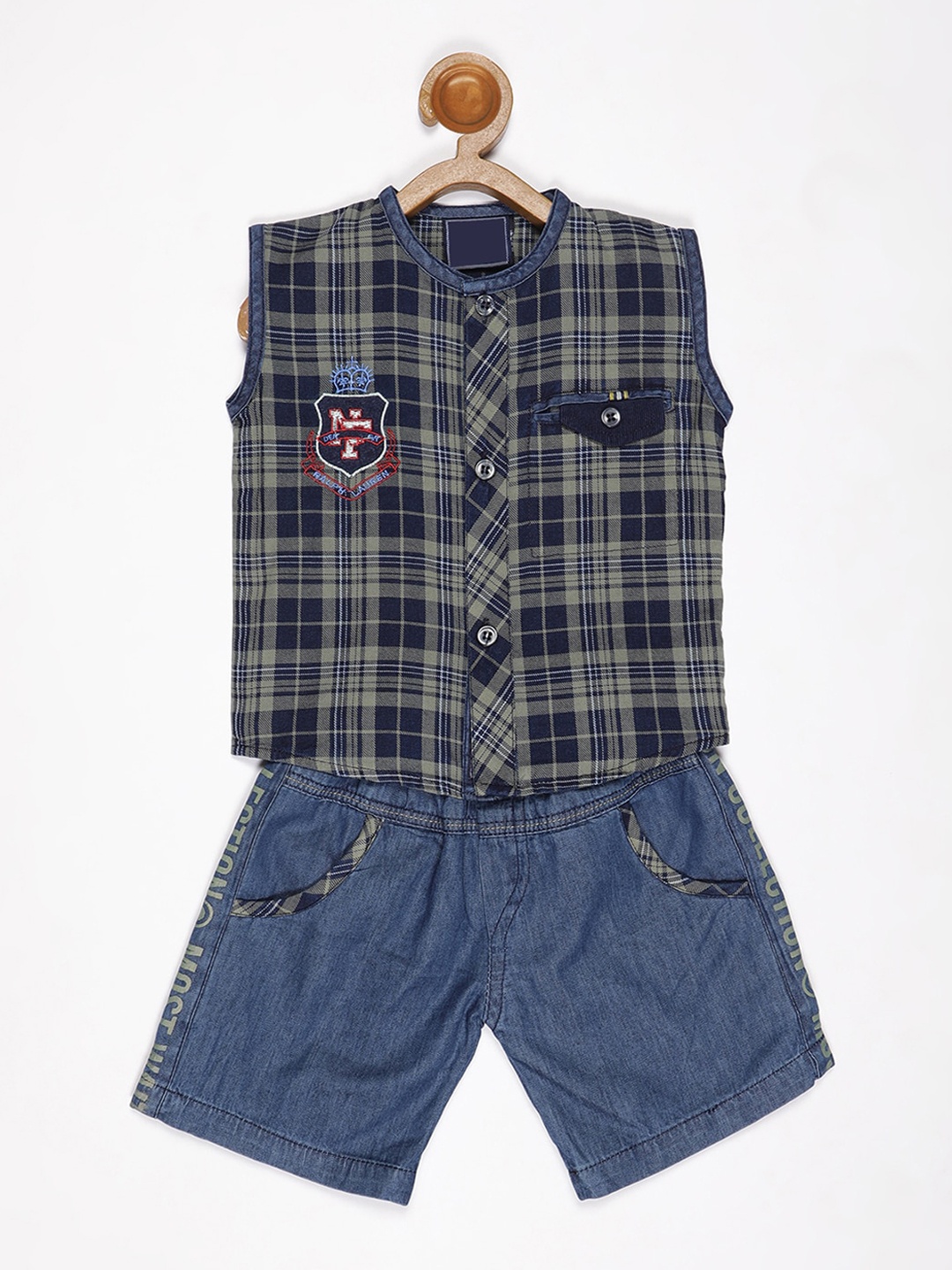 

V2 Value & Variety Boys Olive Green & Blue Checked T-shirt with Shorts