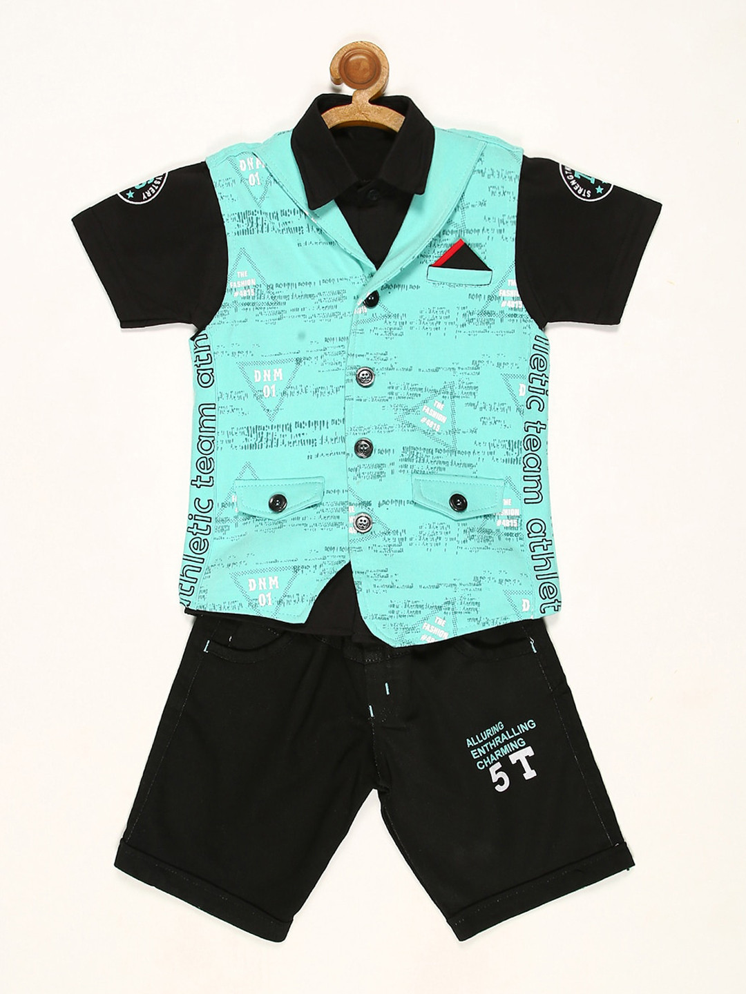 

V2 Value & Variety Boys Black & Sea Green Printed T-shirt with Shorts