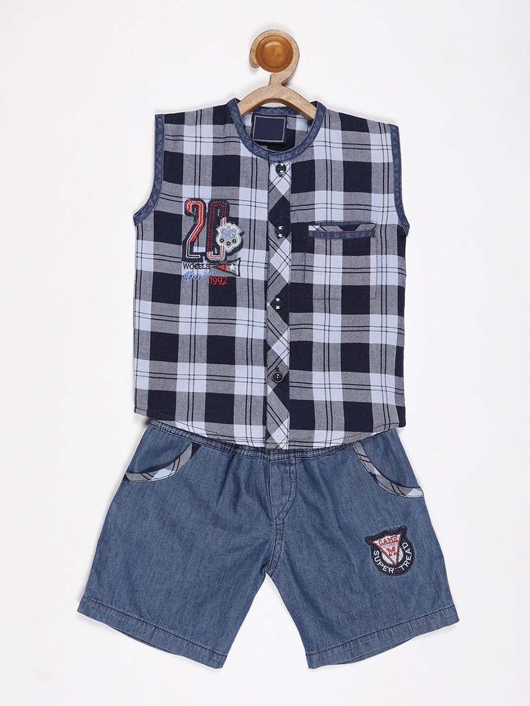 

V2 Value & Variety Boys Blue & Black Checked T-shirt with Shorts