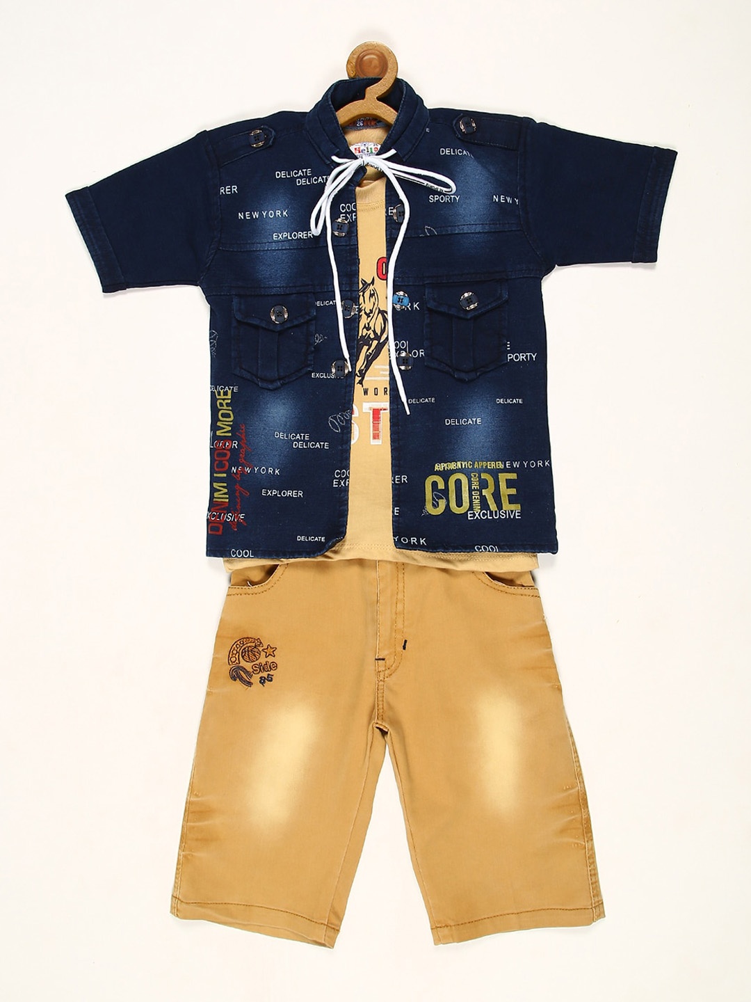 

V2 Value & Variety Boys Beige & Blue Printed T-shirt and Shirt with Shorts