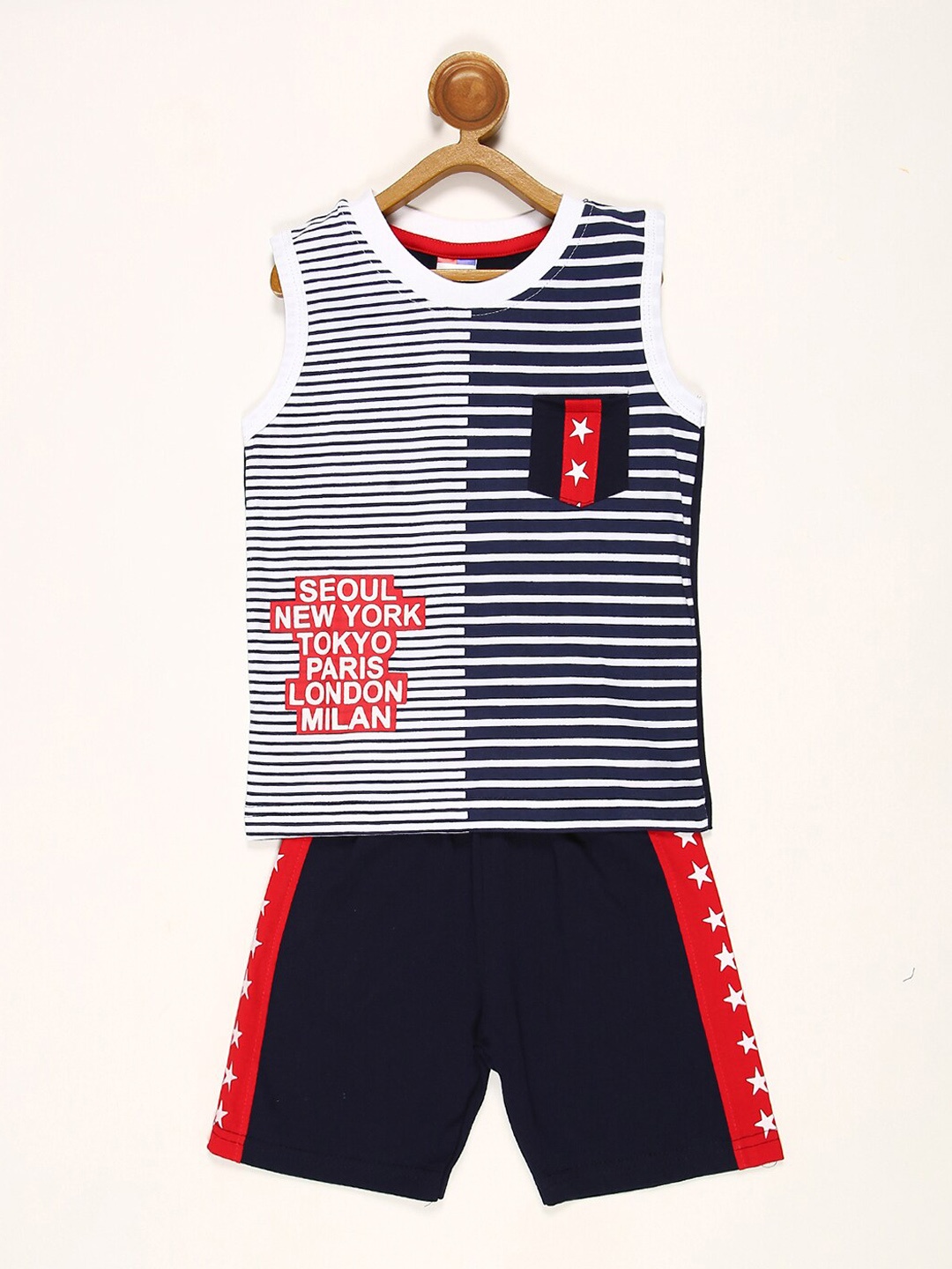 

V2 Value & Variety Boys Navy Blue & Black Striped Pure Cotton T-shirt with Shorts