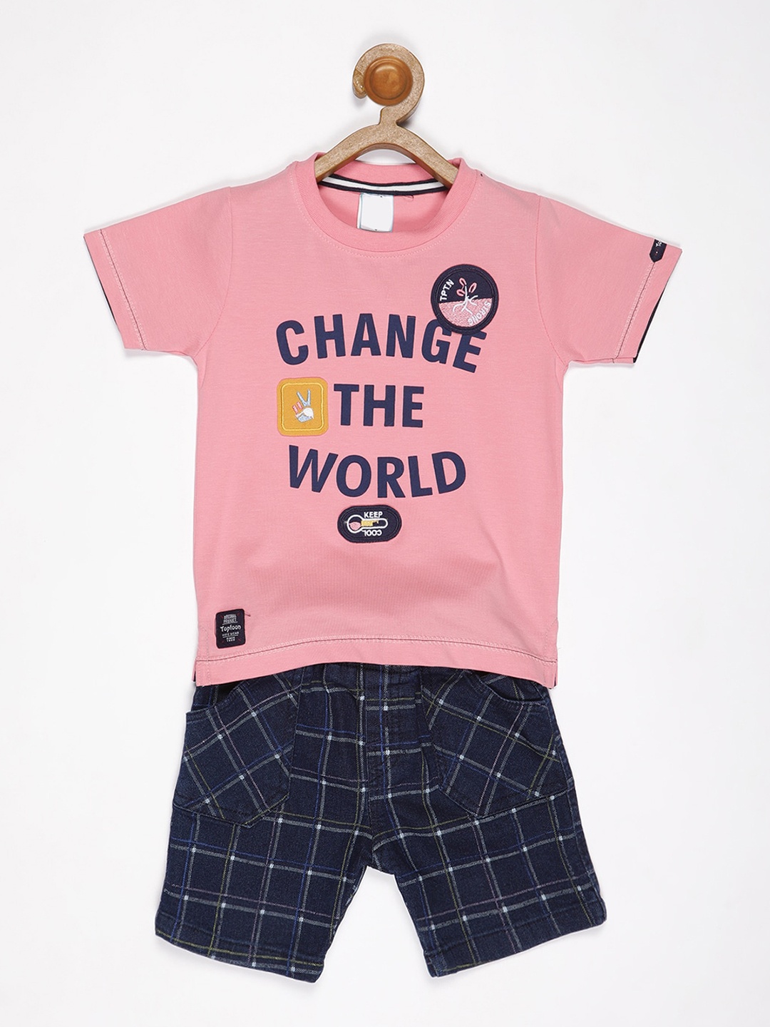 

V2 Value & Variety Boys Pink & Navy Blue Printed T-shirt with Shorts