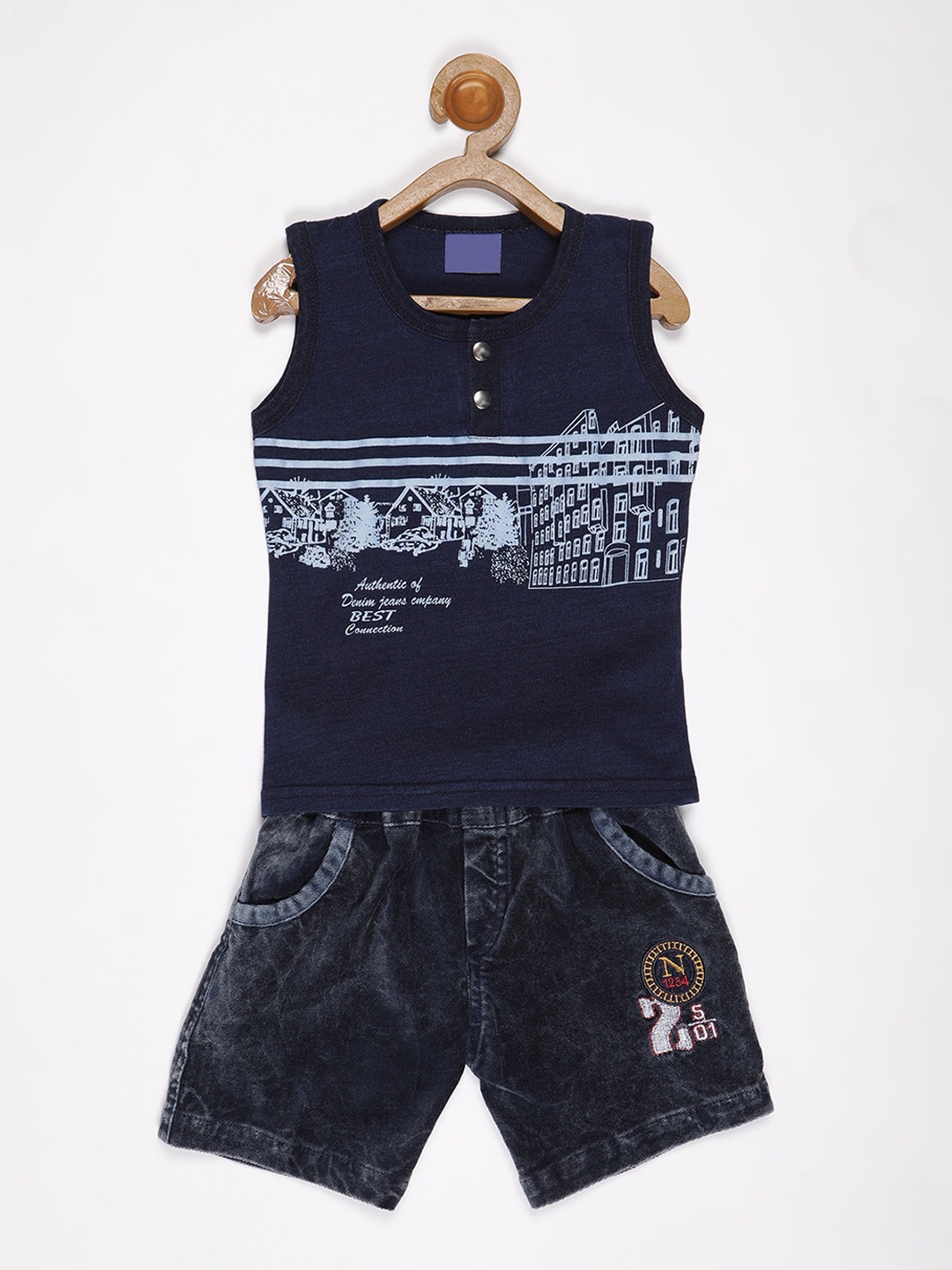 

V2 Value & Variety Boys Navy Blue & White Printed T-shirt with Shorts