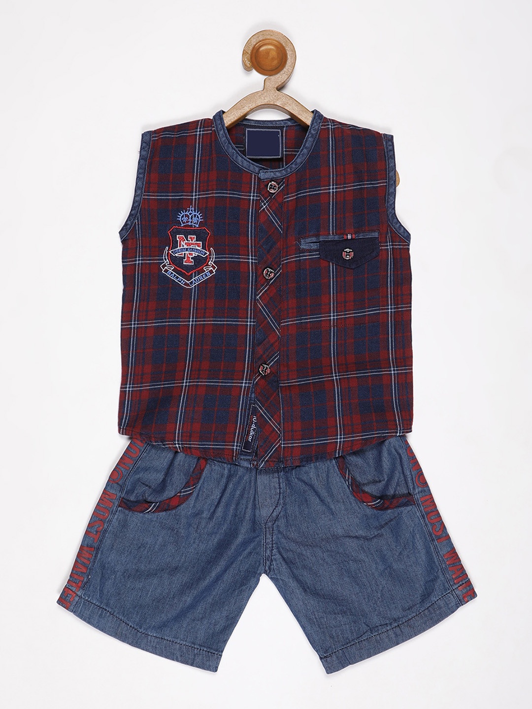 

V2 Value & Variety Boys Rust & Blue Checked T-shirt with Shorts