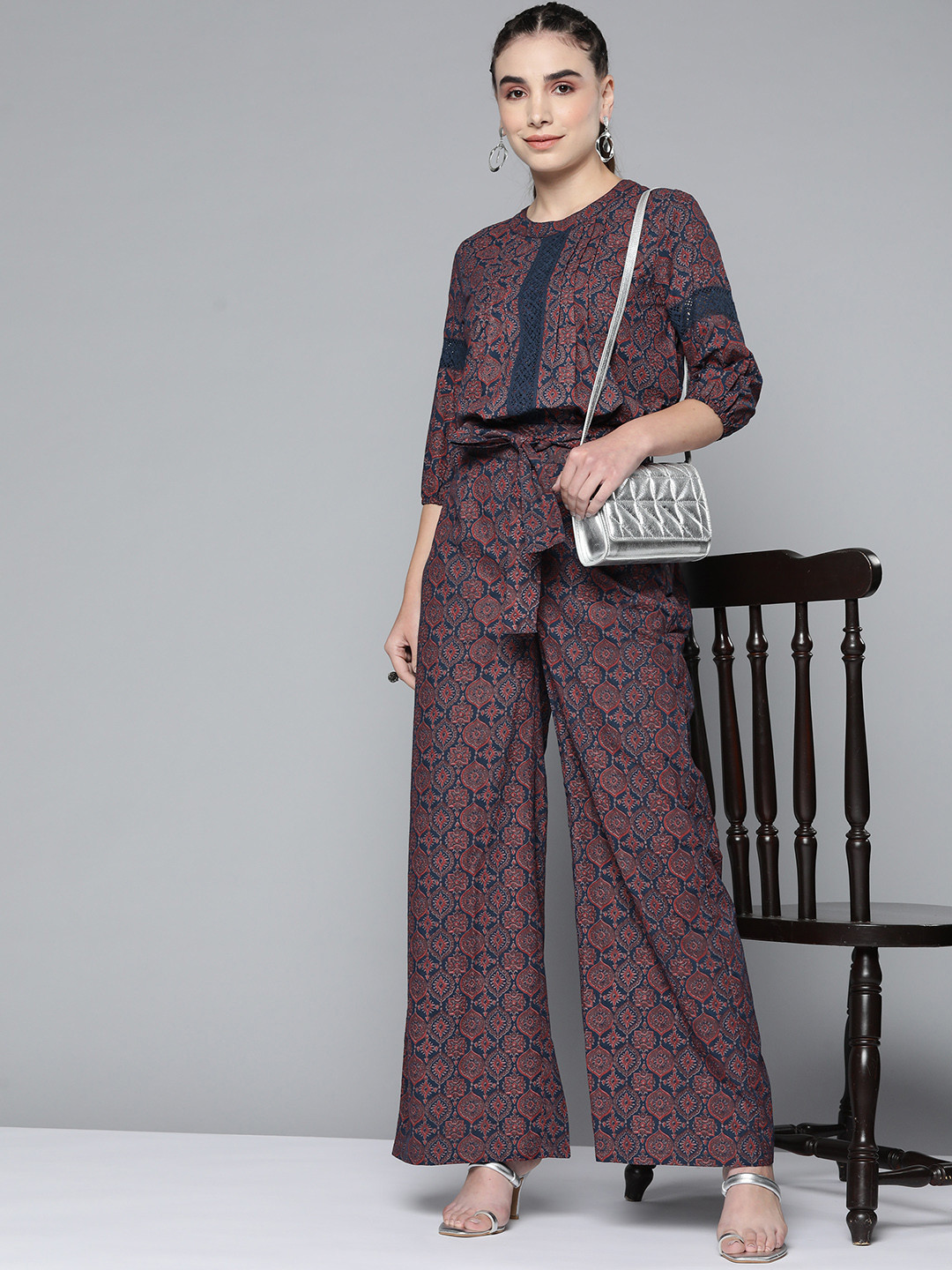 

HERE&NOW Women Rust Brown & Navy Blue Ethnic Motifs Print Lace Detailed Top with Palazzos