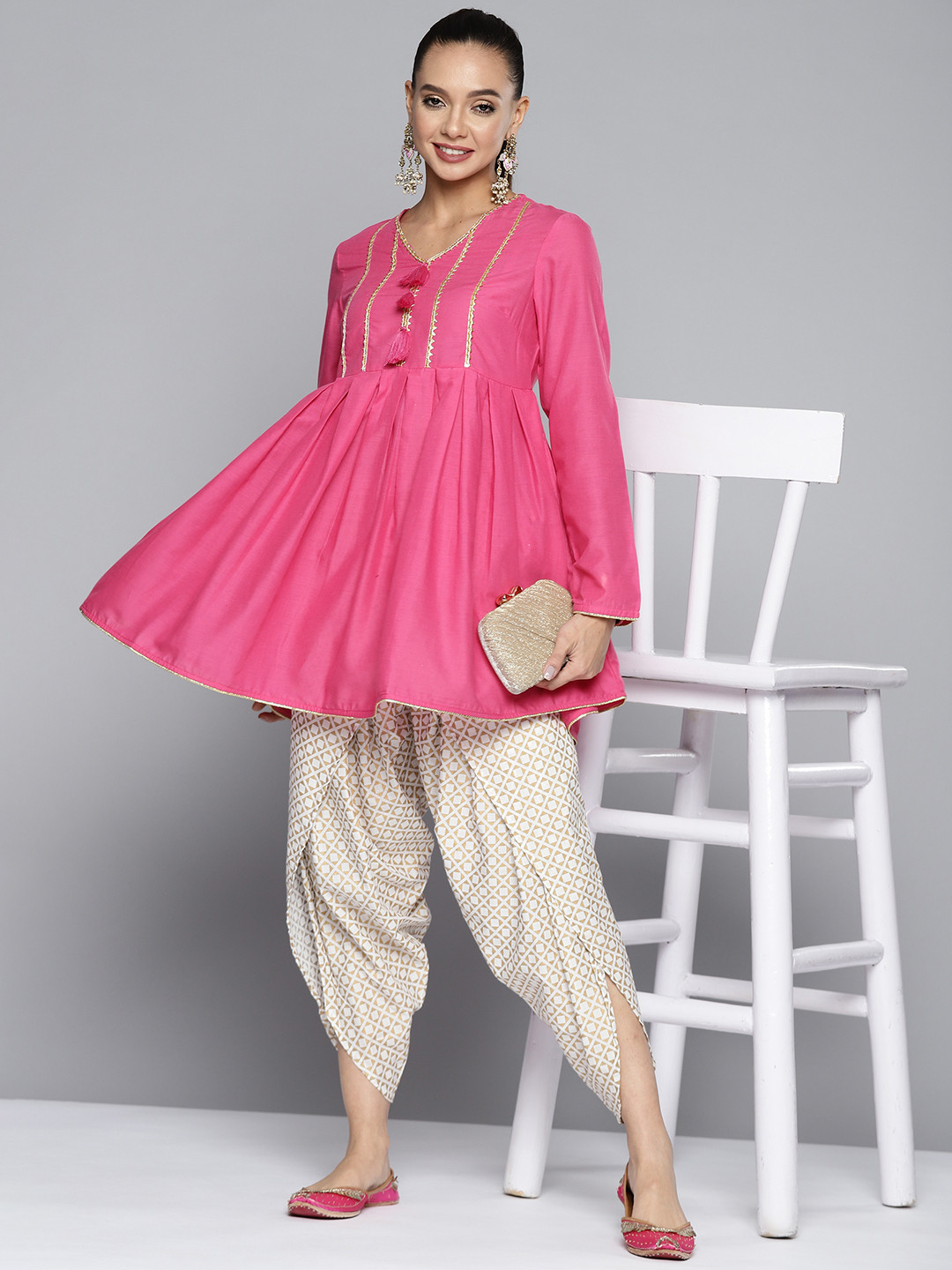

HERE&NOW Women Pink Empire Gotta Patti Kurta with Dhoti Pants