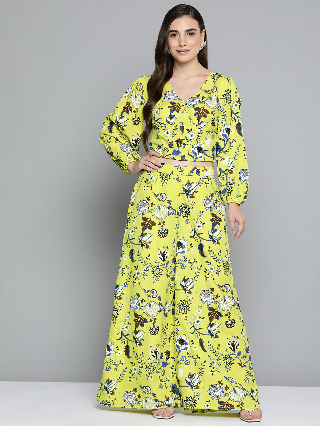

HERE&NOW Women Lime Green & Blue Printed Top & Palazzos